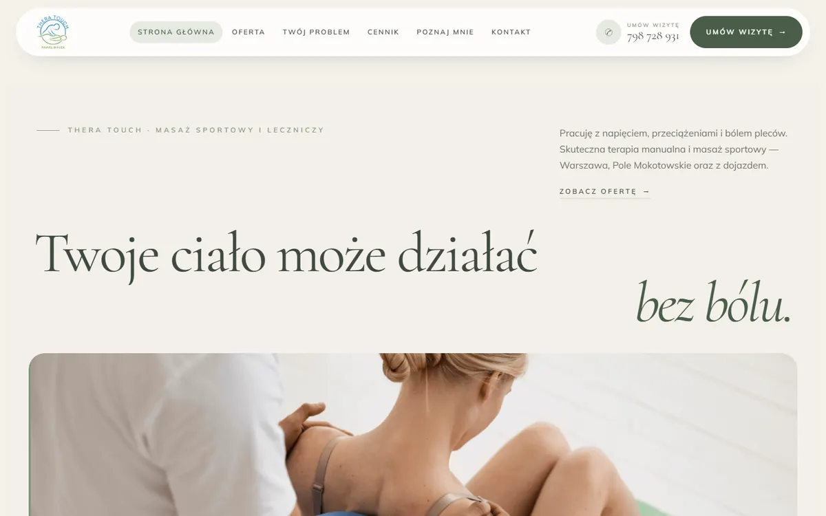 Strona internetowa Thera Touch – gabinet masażu i terapii manualnej, projekt Quantum Marketing Agency