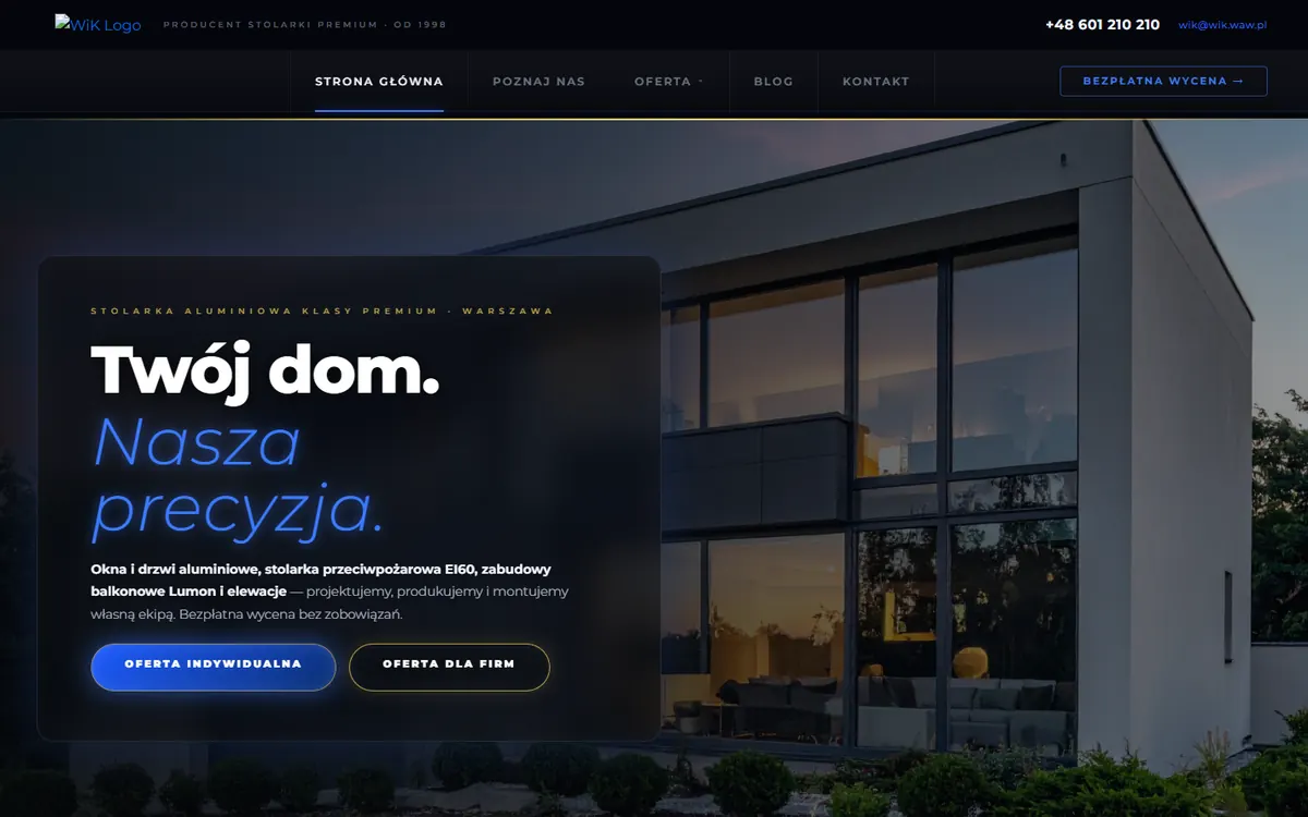 Strona internetowa WIK – producent okien i drzwi aluminiowych, projekt Quantum Marketing Agency